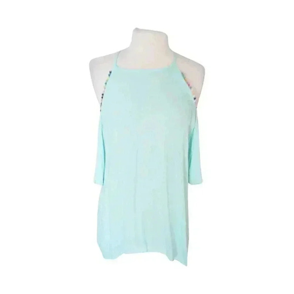 NEW Annabelle Blue Pompom Trimmed Cold Shoulder Flowy Tunic Top Blouse Sz Lg - Picture 1 of 5